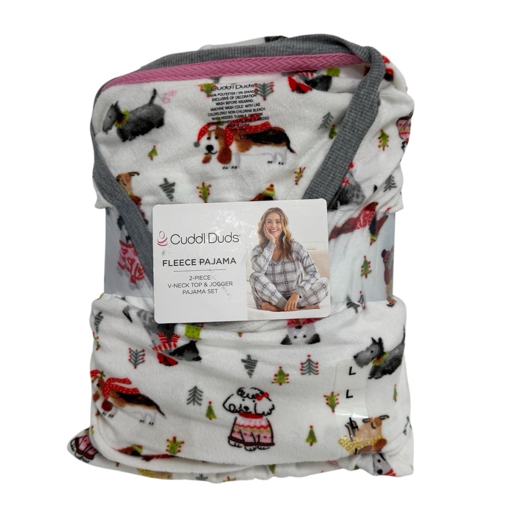 Cuddl Duds Christmas Dogs Fleece Pajama Set‎ Women Large V-Neck Top Joggers